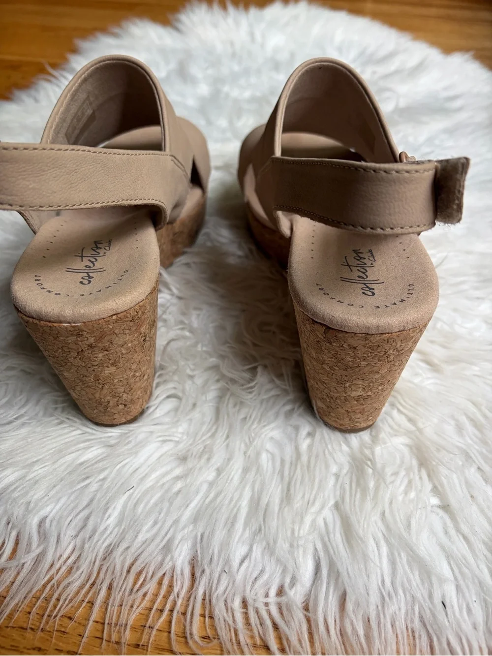 Clarks Annadel Ivory Beige/Tan Cork Platform Wedge Sandals